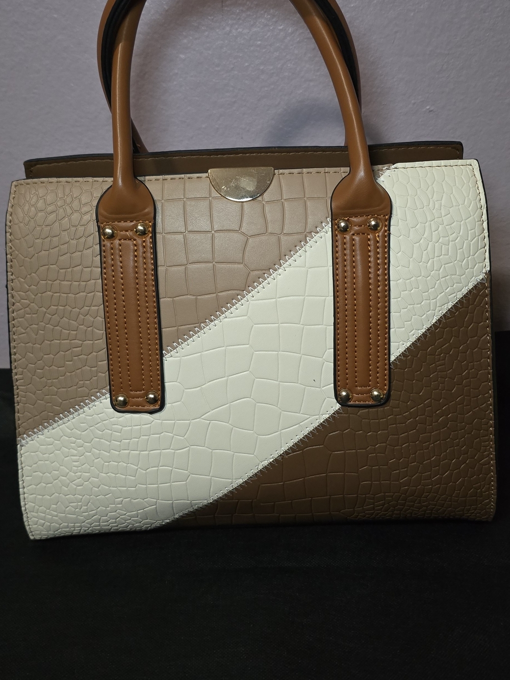 Women’s Colorblock Croc-Embossed Tote Bag - Brown/Beige/Cream